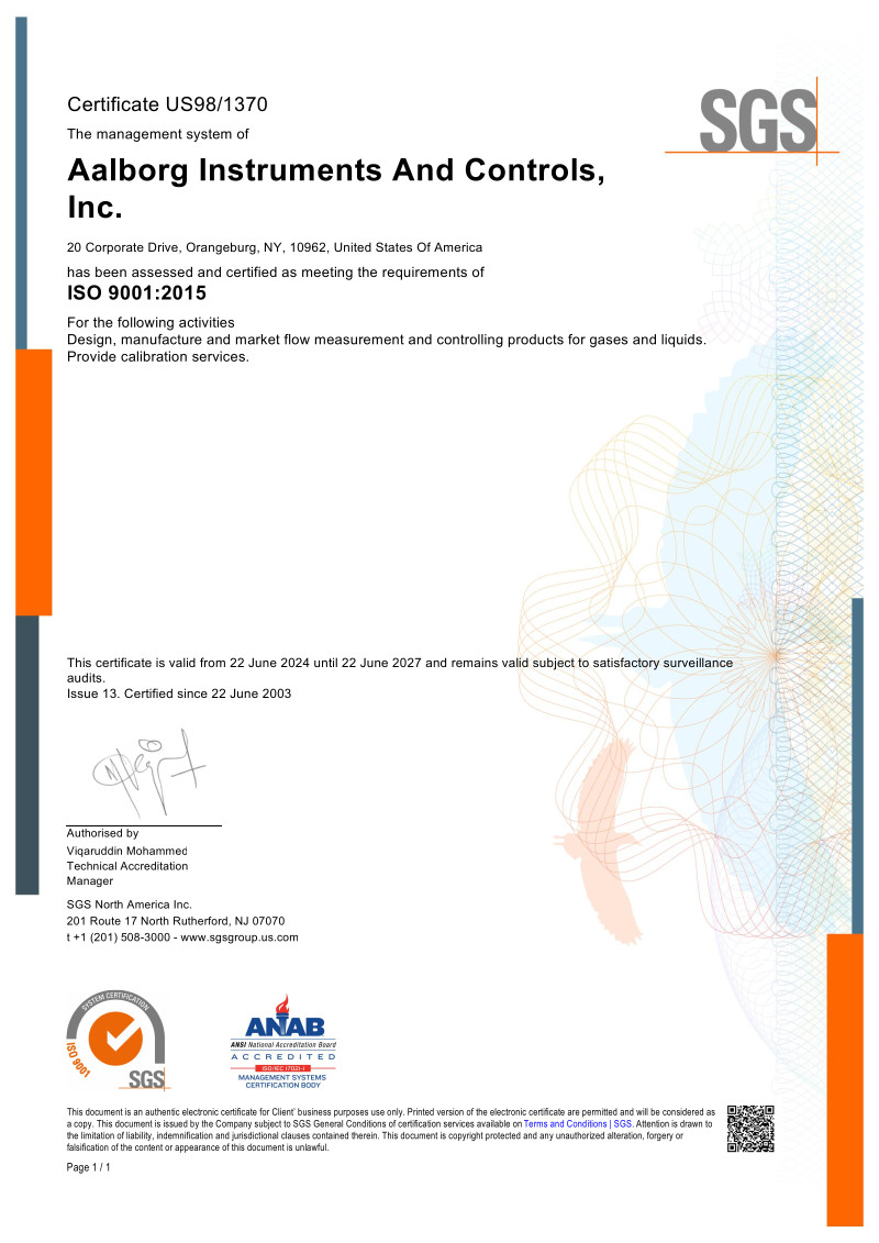 Aalborg Instruments ISO 9001:2015 Certification